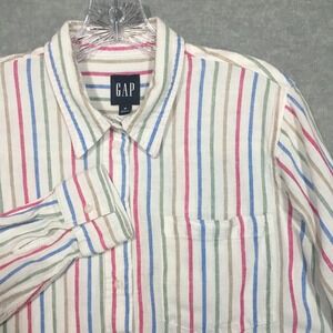 Gap Womens M Linen Blend Button-Up Shirt Striped White‎ Pink Blue Green Beach